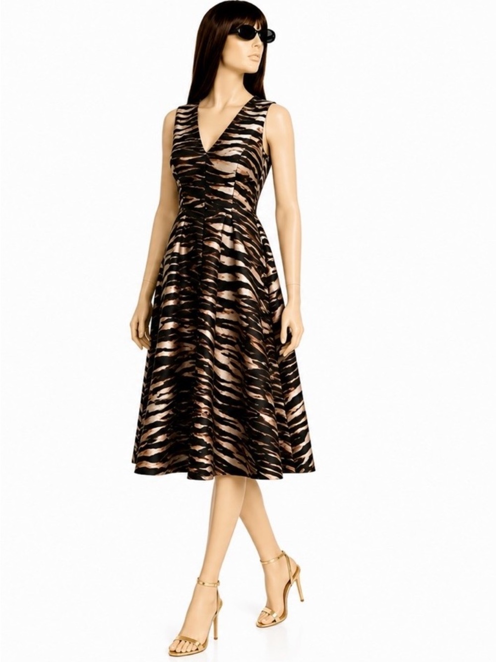 Kay Unger “Tibby” Black/Rose Gold Sleeveless V-Neck Flare Midi Dress Size 6